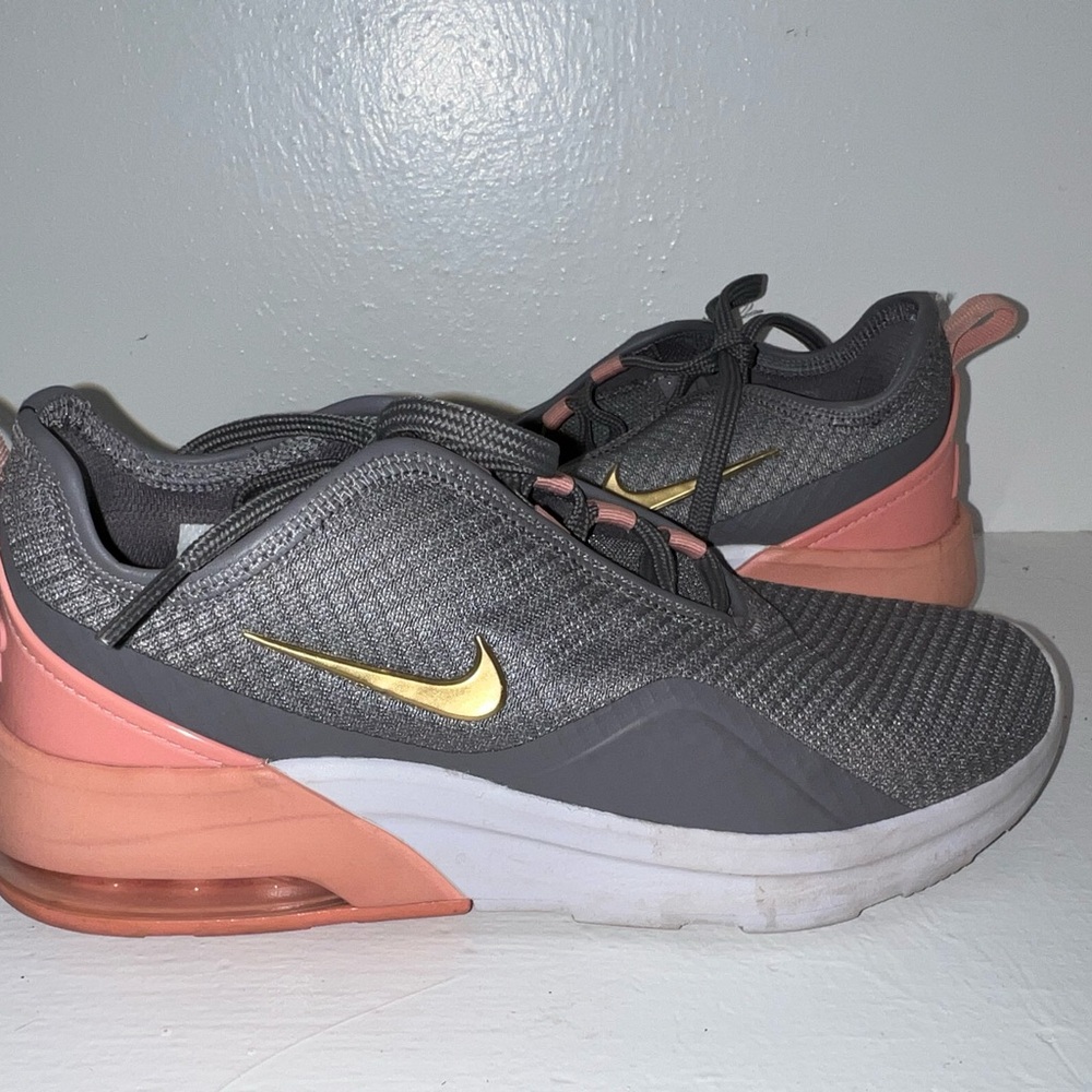 Nike Women's Gray and Coral Sneakers with Gold Swoosh